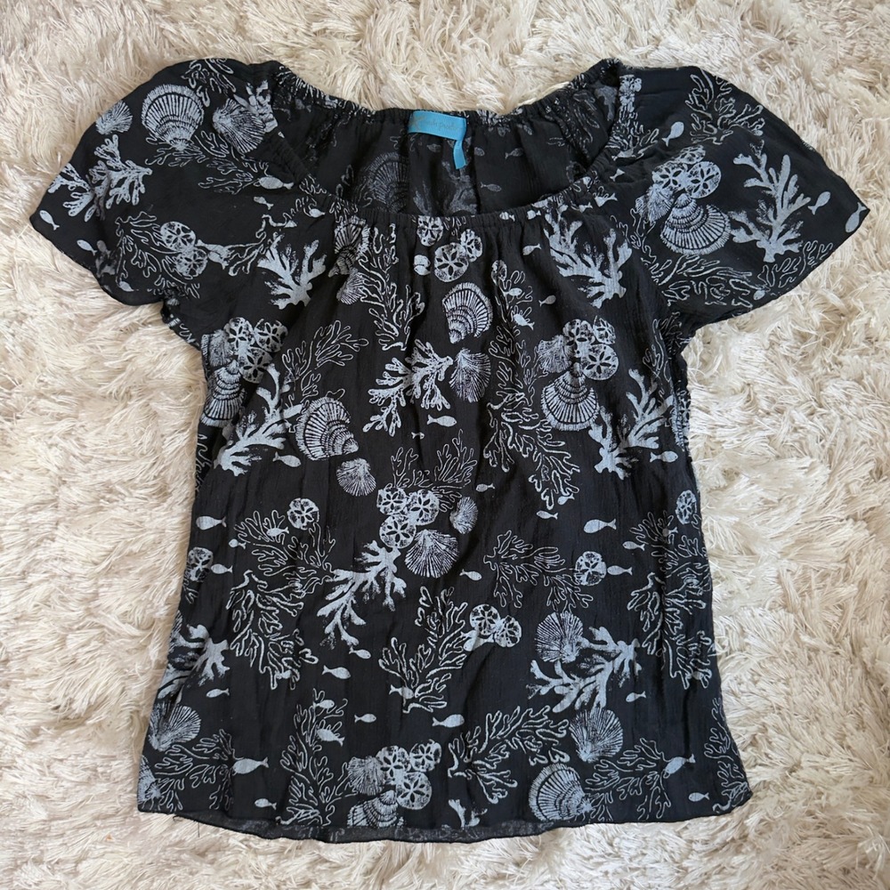 Fresh Produce Coastal Coral‎ Shell Print Cotton Gauze Scoop Neck Top Black LG